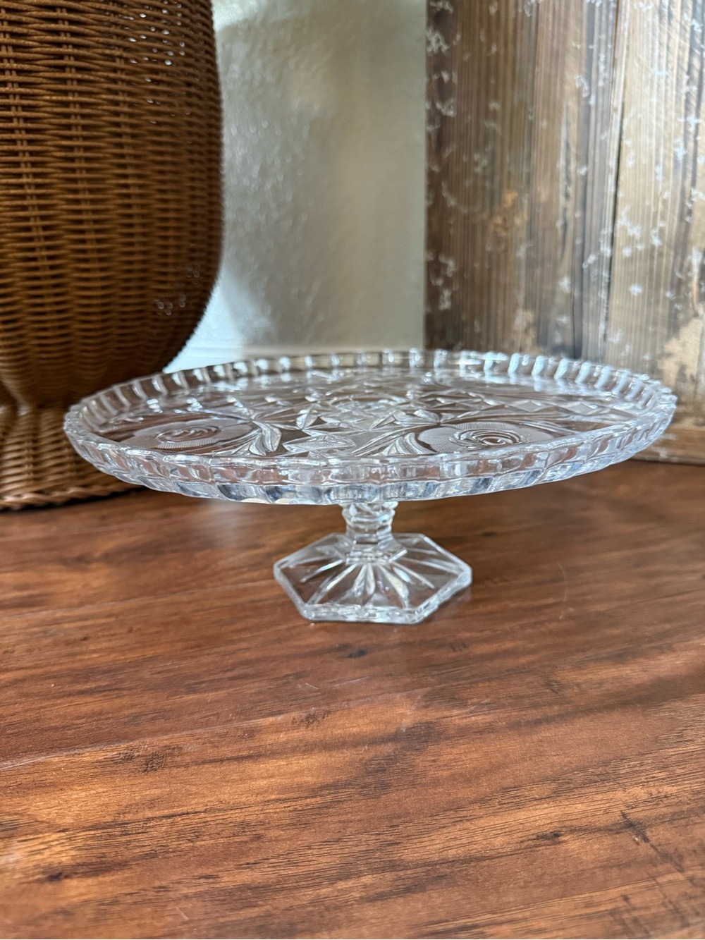 Clear Crystal Footed Cake Stand 11" Roses Pedestal Dessert Plate Heavy Cut Vtg